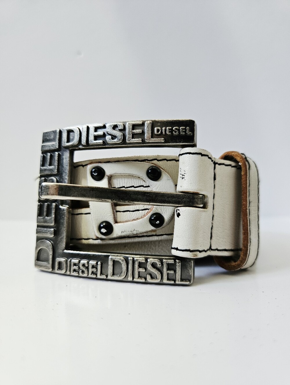 Vintage Diesel Spellout Logo White Leather Belt Size 38 Y2K